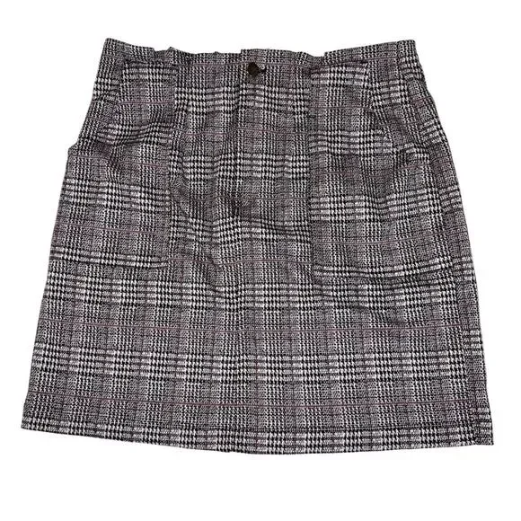 SO Womens Juniors 15 Mini Skirt Plaid Paper Bag Waist Black White Pink No Belt - Picture 4 of 12